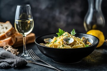A bowl of spaghetti with clams, a glass of white wine, bread, and lemon on a dark background