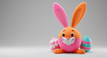Obraz premium Adorable Cartoon Rabbit with Colorful Pastel Eggs in a Whimsical 3D Style