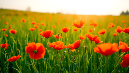 Fototapeta premium Vibrant Poppy Field at Sunset A Stunning Panorama