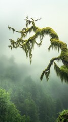 Moss-draped branch, foggy forest, tranquil scene.