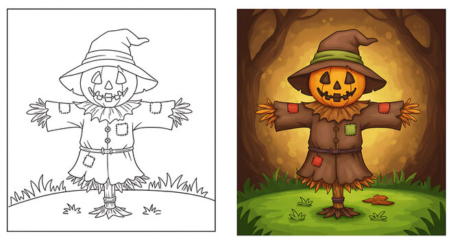 Scarecrow Illustration Comparison Coloring Page for Fall Season