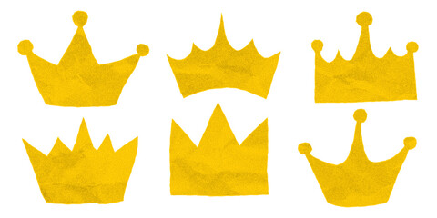 Collection of gold crumpled paper crown silhouettes on white background. Jagged torn edges, notebook sheet with gritty halftone texture, yellow symbol of royalty.