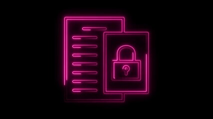 Neon style document security glowing pink outlines on black background