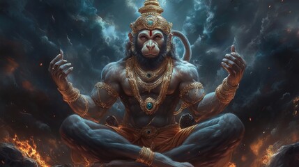 Fototapeta premium Powerful Hanuman Digital Art Majestic Monkey God Hindu Mythology Powerful Image Spiritual Lord Hanuman Powerful Artwork Impressive Deity Illustration 