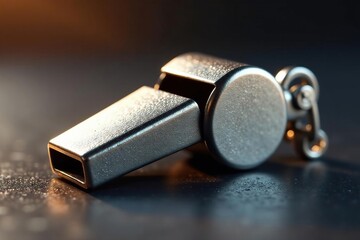 Silver metal whistle, shiny surface, classic design, instrument, metallic