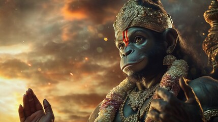 Majestic Hanuman God Powerful Monkey King Hindu Mythology Digital Art Dramatic Golden Crown Religious Image Spiritual Deity Powerful Figure Ancient 