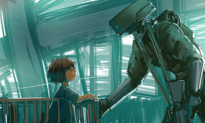 A heartwarming sci-fi illustration series depicting the bond between a young girl and a guardian robot in a post-apocalyptic world. Emotional storytelling through atmospheric scenes.