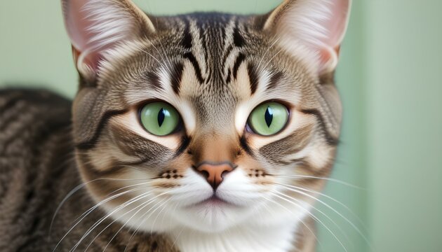 Close-up portrait of a lovely tabby cat with mesmerizing bright green eyes, staring ahead.