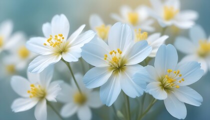 Fototapeta premium A close-up view showcases beautiful white flowers with bright yellow centers, creating a serene scene.