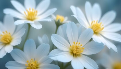 Beautiful close-up captures a cluster of white spring flowers with bright yellow centers.