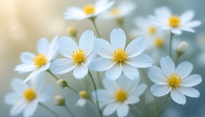 Obraz premium Delicate white flowers with vibrant yellow centers bloom in soft focus.