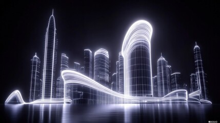 Futuristic City Skyline Illuminated by Neon Lines