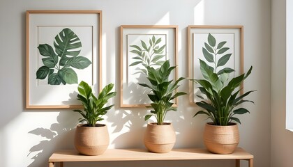 Fototapeta premium Stylish interior scene with three plants and framed botanical art, a clean and modern aesthetic.