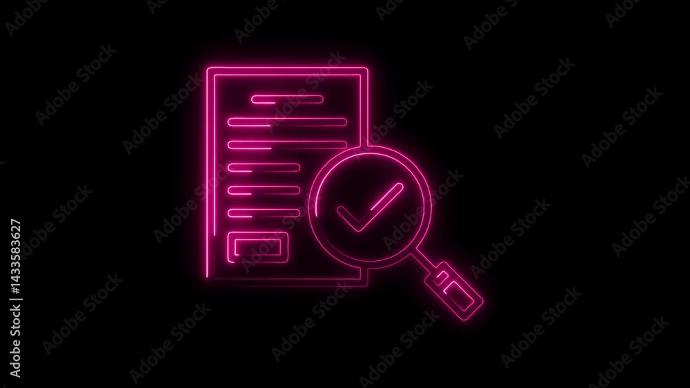 Poster neon document approval with magnifying glass animation glowing pink outline of file with check mark 