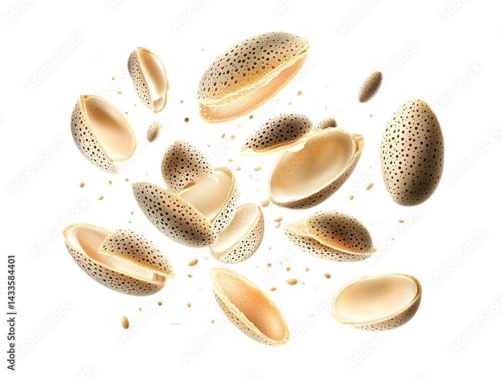 Poster realistic photo of almonds cracking with transparent background and kernels