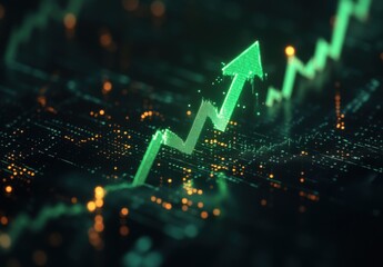 A green upward arrow on a black background with data points represents a positive trend