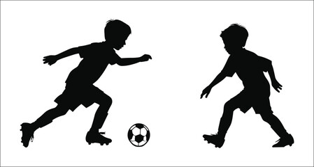 Silhouette Of Young Boys Playing Soccer Football Match Isolated On White Background