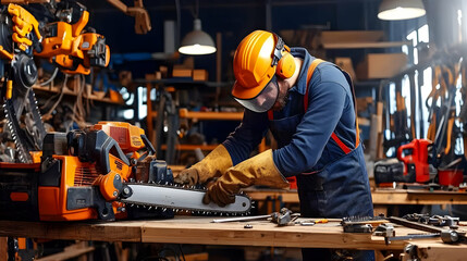 Focused Carpenter Using Chainsaw In Workshop