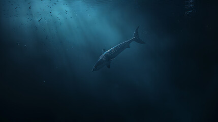 Obraz premium A solitary shark swims through the deep, shadowy blue ocean, illuminated by shafts of light filtering from the surface above.