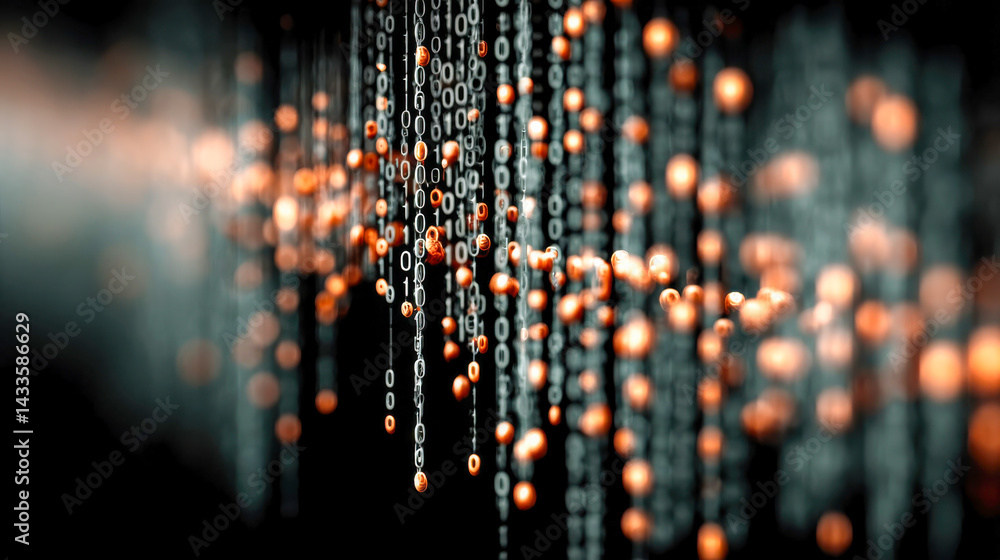 Poster vertical streams of binary code interwoven with glowing orange spheres, evoking a sense of digital c