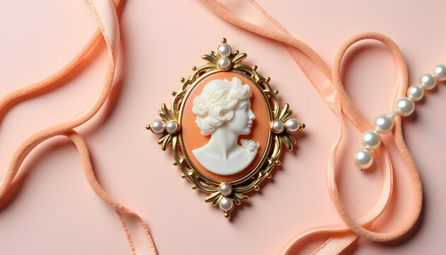 Cameo Brooch with Pearls on Pastel Pink Background