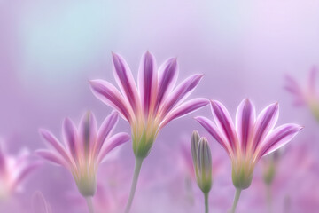 Pink and purple flowers with long petals and green stems on soft pastel background