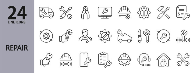 Repair line icons set with Service, Support, Workshop, Toolbox, Tool, Computer and more. Editable Stroke