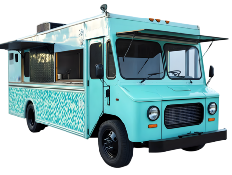 Teal Food Truck Illustration With Open Window on Isolated Transparent Background