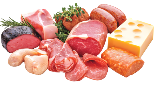 Still Life of Stacked Assorted Meats Sausages and Cheese on Black