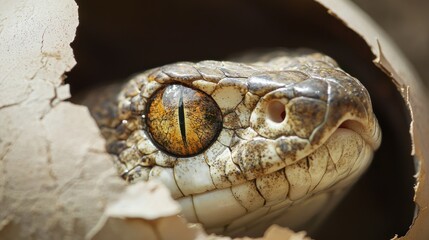 Fototapeta premium A snakeâ€™s eye visible through a cracked egg shell