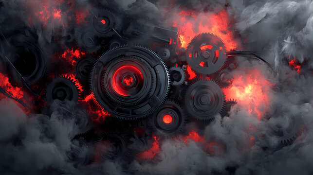 A dramatic depiction of a mysterious gear-driven mechanism surrounded by dark, swirling fog and ominous glowing red highlights. Fog Mechanism. Illustration