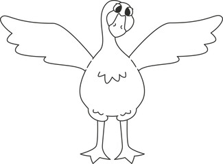 Goose stands and flaps its wings. Funny bird in doodle style.