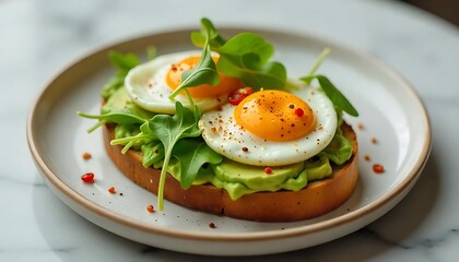Delicious Avocado Toast with Fried Eggs and Arugula for Breakfast