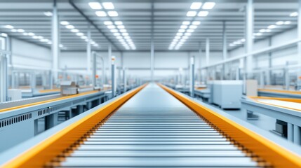 Fototapeta premium A modern warehouse interior featuring long conveyor belts and bright lighting, designed for efficient logistics and automation.