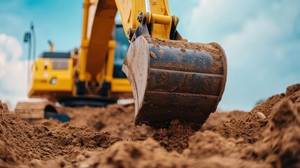 Fototapeta premium An excavator's bucket scoops up dirt on a construction site, showcasing heavy machinery in action against a cloudy sky.
