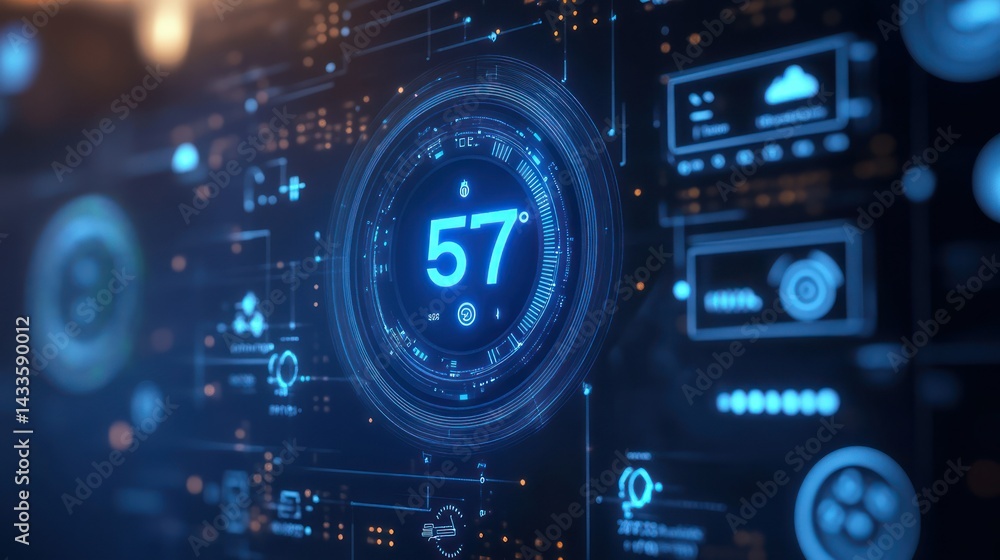 Poster digital interface displays temperature and weather data through glowing circuit board, representing 