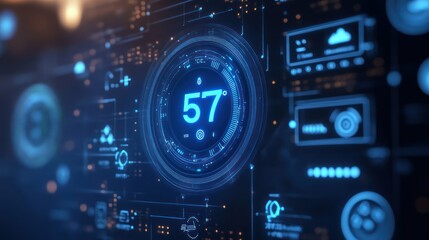 Obraz premium Digital interface displays temperature and weather data through glowing circuit board, representing advanced technology.
