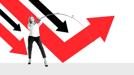 Creative modern artwork. Woman pulls rising arrow against falling trend lines portraying resistance...