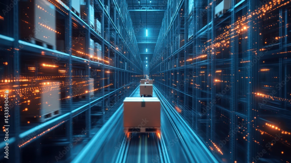 Poster packages move quickly through automated warehouse, showcasing logistical speed efficiency storage, f