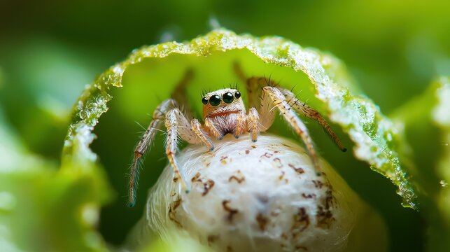 A spiderling emerging from a protective egg sac