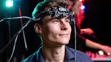 Innovative assistive technology for blind scientist in research lab exploring neural interfaces vibrant chaos
