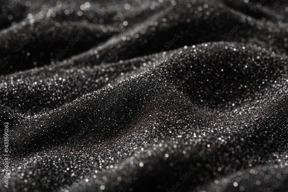Poster close-up view of a textured black fabric with tiny glittering particles.