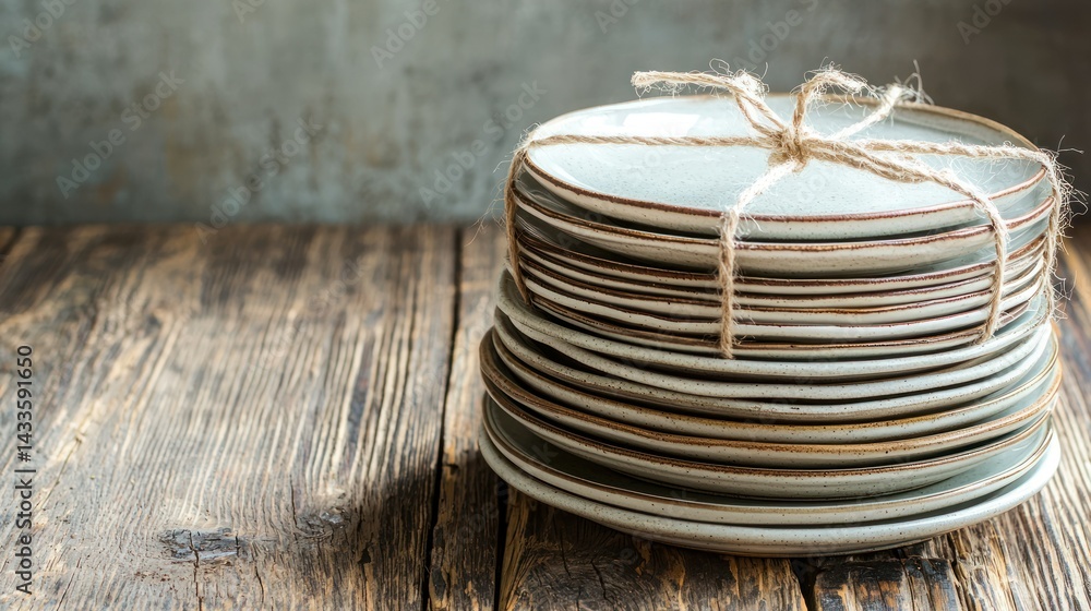 Poster a stack of plates tied with a rustic twine ribbon.
