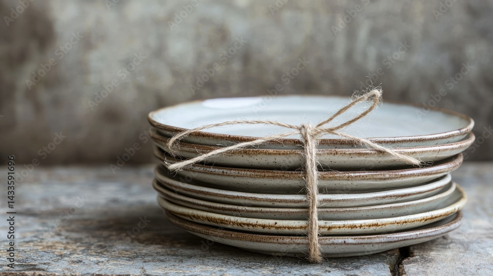 Poster a stack of plates tied with a rustic twine ribbon.