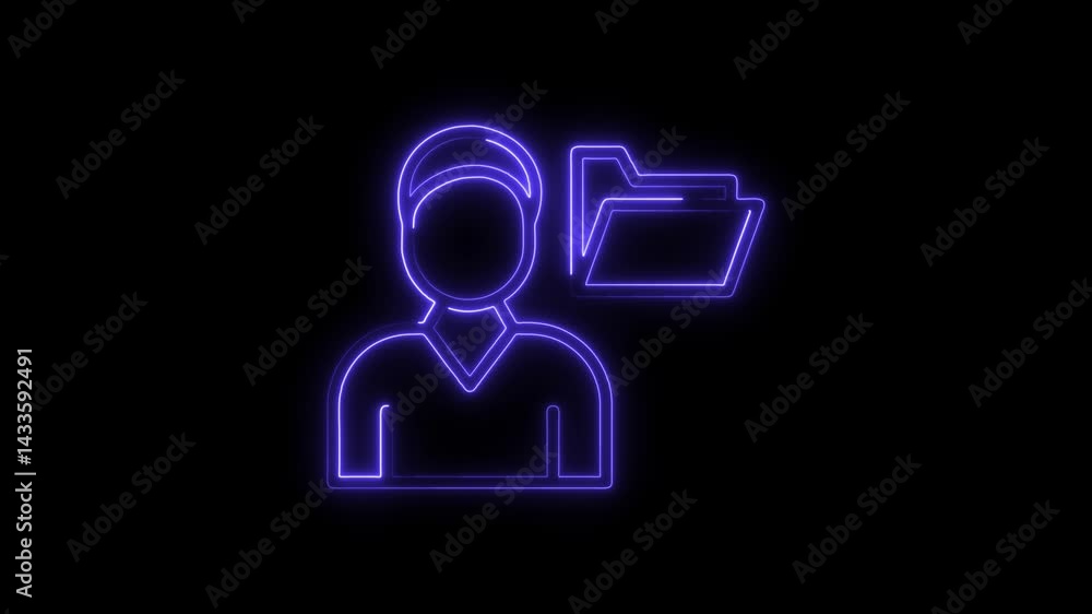 Poster user account data management with neon glow animation on black background