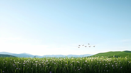 Fototapeta premium Wide Field Of White Flowers And Green Grass Under A Blue Sky With Birds Flying