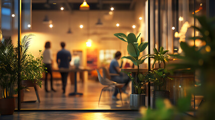 Blurred Evening Office Scene Through Glass Door with Indoor Plants