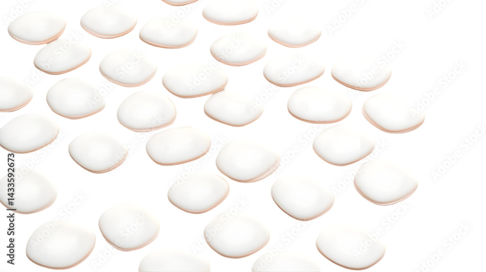 Poster white spherical objects abstractly arranged on transparent background