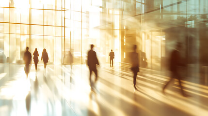 Blurred Business People Walking in Modern Office Building with Sunlight Streaming Through Windows