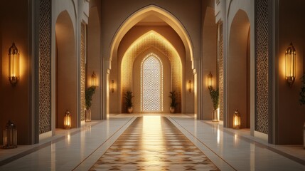 Fototapeta premium Islamic architecture features corridor with archways, intricate geometric patterns, lanterns, marble floor reflects golden light.